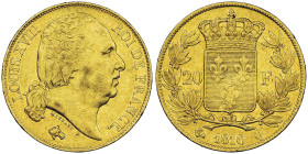 Louis XVIII 1814-1815 20 francs, Perpignan, 1816 Q, AU 6.45 g.
Ref : Gad. 1028, Fr. 540 Conservation : NGC AU 53