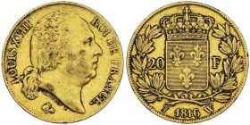 Louis XVIII 1814-1815 20 Francs, Lille, 1816 W, AU 6.45 g.
Ref : G.1028, Fr. 539 Conservation : NGC AU50. Quantité : 4295 exemplaires.