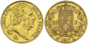 Louis XVIII 1814-1815 20 Francs, Bordeaux, 1817 K, AU 6.45 g.
Ref : G.1028, Fr. 543 Conservation : NGC XF 45 Quantité : 4779 exemplaires