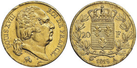 Louis XVIII 1814-1815 20 Francs, Paris, 1819 A, AU 6.41 g.
Ref : G. 1028, Fr. 538 Conservation : NGC MS 62