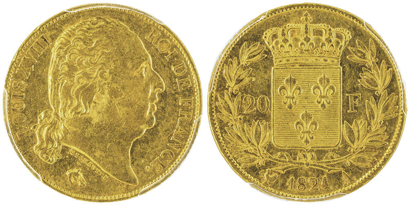 Louis XVIII 1814-1815 20 Francs, Paris, 1821. A AU 6.45 g.
Ref : G. 1028, Fr. 53...