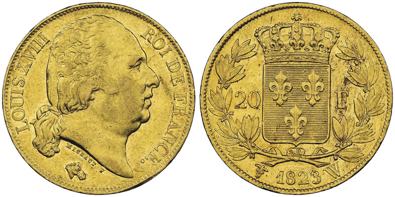 Louis XVIII 1814-1815 20 Francs, Lille, 1823 W, AU 6.45 g.
Ref : G.1028, Fr.539 ...
