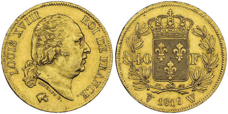 Louis XVIII 1814-1815 40 Francs, Lille, 1819 W,
AU 12.9 g.
Ref : G.1092, Fr. 536...