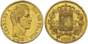Charles X 1824-1830 40 Francs, Marseille, 1830 MA, AU 12.9 g.
Ref : G.1105, Fr. 548
Conservation : NGC AU 55
Quantité : 1026 exemplaires. Rarissime da...