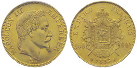100 Francs, Strasbourg, 1863 BB, AU 32.25 g.
Ref : G.1136, Fr. 581
Conservation : PCGS MS 62
Quantité : 5078 exemplaires. Rare