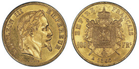 100 Francs, Paris, 1864 A, AU 32.25 g. Ref : G. 1136, Fr. 580 Conservation : PCGS MS 62 Quantité : 5536 exemplaires.