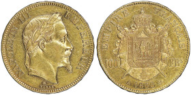 100 Francs, Paris, 1866 A, AU 32.25 g.
Ref : G. 1136, Fr. 580 Conservation : NGC AU 55 Quantité : 9041 exemplaires. Rare