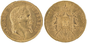 100 Francs, Strasbourg, 1866 BB, AU 32.25 g.
Ref : G.1136, Fr. 581
Conservation : PCGS MS 61 Quantité : 3075 exemplaires. Rare