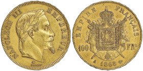 100 Francs, Paris, 1868 A, AU 32.25 g.
Ref : G.1136, Fr. 580 Conservation : NGC MS 61 Quantité : 2315 exemplaires. Très rare