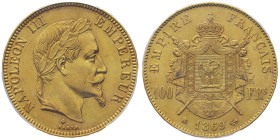 100 Francs, Strasbourg, 1869 BB, AU 32.25 g.
Ref : G. 1136, Fr. 581
Conservation : PCGS MS 61 Quantité : 12.230 exemplaires. Rare