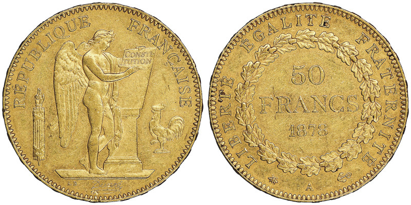 Troisième République 1870-1940
50 Francs, Paris, 1878 A, AU 16.12 g. Ref : G. 11...