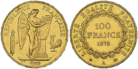100 Francs, Paris, 1878 A, AU 32.25 g.
Ref : G. 1137, Fr. 590 Conservation : NGC MS 62
