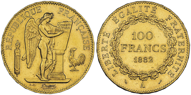 100 Francs, Paris, 1882 A, AU 32.25 g.
Ref : G. 1137, Fr. 590
Conservation : NGC...