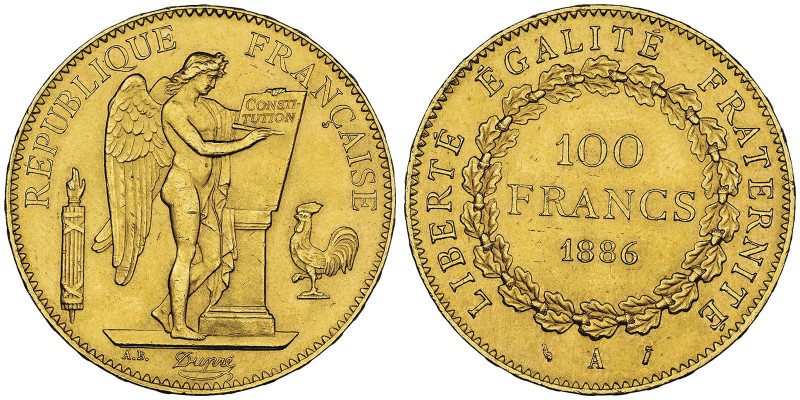 100 Francs, Paris, 1886 A, AU 32.25 g.
Ref : G. 1137, Fr. 590
Conservation : NGC...