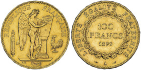 100 Francs, Paris, 1899 A, AU 32.25 g.
Ref : G. 1137, Fr. 590
Conservation : NGC MS 61
