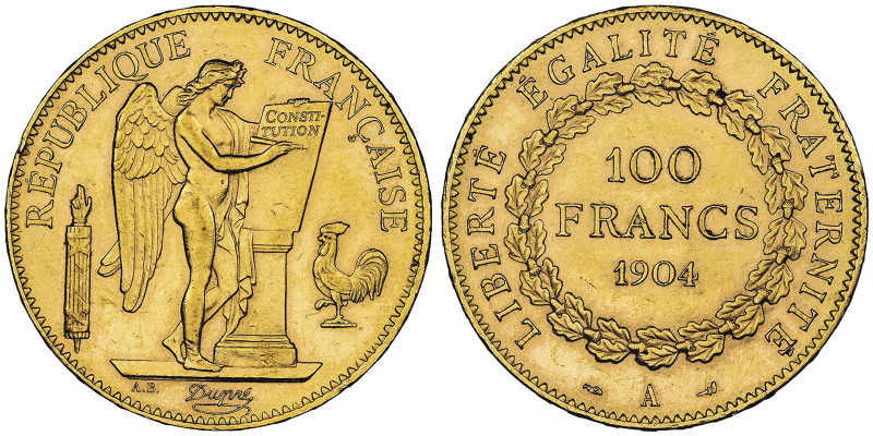 100 Francs, Paris, 1904 A, AU 32.25 g.
Ref : G. 1137, Fr. 590
Conservation : NGC...