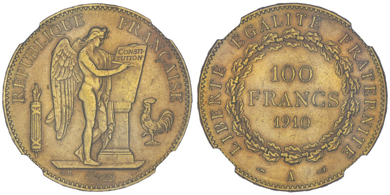100 Francs, Paris, 1910 A, AU 32.25 g.
Ref : G. 1137, Fr. 590
Conservation : NGC...