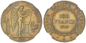 100 Francs, Paris, 1910 A, AU 32.25 g.
Ref : G. 1137, Fr. 590
Conservation : NGC MS 62