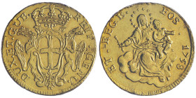 Dogi biennali III Fase 1637-1797 50 Lire, 1758, AU
Ref : MIR 271/1 (R3), Fr.441, Lun.343
Conservation : nettoyé et avec traces de monture sinon TTB. S...