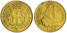 Dogi biennali III Fase 1637-1797 96 Lire, 1796, stella (1814), AU 25 g.
Ref : MIR 275/4, Fr. 444 Conservation : traces de nettoyage sinon TTB.