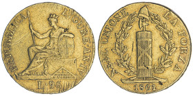 République Ligure 1798-1805 96 Lire, 1801, AU 25.16 g.
Ref : G. IT15, MIR 375/2 (R), Fr. 448 Conservation : rayures sinon TB-TTB