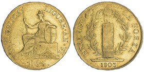 République Ligure 1798-1805 96 Lire, 1803, AU 25.01 g.
Ref : G. IT15, MIR 375/3 (R), Fr. 448 Conservation : TB/TTB