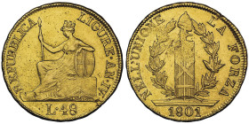 République Ligure 1798-1805 48 Lire, 1801, AU
Ref : G. IT14, MIR 376/1 (R2), Fr. 449, Pag. 7
Conservation : NGC MS 61