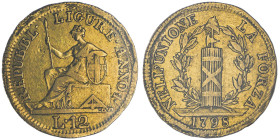 République Ligure 1798-1805 12 Lire, 1798, AU
Ref : G. IT12, MIR 378 (R5),
Pagani 10. Lunardi 372. MIR 376/3. Friedberg 451.
Conservation : anciennes ...