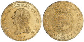 Carlo Emanuele III Secondo Periodo 1755-1773
Carlino da 5 Doppie, Torino, 1756, AU 48.06 g.
Ref : Cud. 1051b (R6), MIR 941b (R6), Biaggi 806c, Fr.1103...