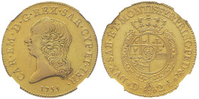 Carlo Emanuele III Secondo Periodo 1755-1773
Mezzo Carlino da 2.5 Doppie, Torino, 1755, AU 24.00 g.
Ref : Cud. 1052a (R7), MIR 942a (R7), Sim. 29/1, B...