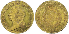 Carlo Emanuele III Secondo Periodo 1755-1773
Doppia Nuova, Torino, 1758, AU 9.62 g.
Ref : Cud 1053d (R4), MIR 943d (R4), Sim. 30, Biaggi 808d, Fr. 110...