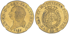 Carlo Emanuele III Secondo Periodo 1755-1773
Doppia Nuova, Torino, 1766, AU 9.62 g.
Ref : Cud 1053K (R2), , Sim. 30/11, Fr. 1105
Conservation : NGC AU...