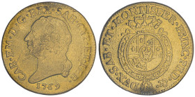 Carlo Emanuele III Secondo Periodo 1755-1773
Doppia Nuova, Torino, 1769, AU 9.63 g.
Ref : Cud. 1053n (R2), MIR 943n, Biaggi 808i, Fr. 1105
Conservatio...