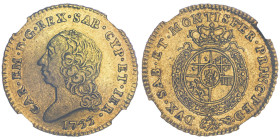 Carlo Emanuele III Secondo Periodo 1755-1773
Mezza Doppia Nuova, Torino, 1755, AU 4.78 g.
Ref : Cud. 1054a (R2), MIR 944a, Biaggi 809a, Fr. 1106
Conse...