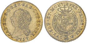 Carlo Emanuele III Secondo Periodo 1755-1773
Mezza Doppia Nuova, Torino, 1757, AU 4.78 g.
Ref : Cud. 1054 (R2), MIR 944c, Sim. 31/3, Biaggi 809c, Fr. ...
