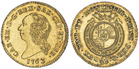 Carlo Emanuele III Secondo Periodo 1755-1773
Mezza Doppia Nuova, Torino, 1763, AU 4.80 g.
Ref : Cud. 1054i (R8), MIR 944i, Sim. 31, Biaggi 809f, Fr. 1...