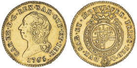 Carlo Emanuele III Secondo Periodo 1755-1773
Mezza Doppia Nuova, Torino, 1765, AU 4.8 g.
Ref : Cud. 1054K (R2), MIR 944K, Biaggi 809h, Fr. 1106 Conser...