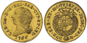 Carlo Emanuele III Secondo Periodo 1755-1773
Mezza Doppia Nuova, Torino, 1766, AU 4.8 g.
Ref : Cud. 1054l (R8), MIR 944, Biaggi 809i, Fr. 1106
Conserv...