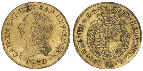 Carlo Emanuele III Secondo Periodo 1755-1773
Mezza Doppia Nuova, Torino, 1771, AU 4.78 g.
Ref : Cud. 1054q (R2), MIR 944, Biaggi 809p, Fr. 1106 Conser...