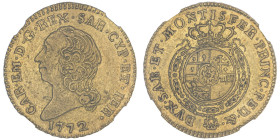 Carlo Emanuele III Secondo Periodo 1755-1773
Mezza Doppia Nuova, Torino, 1772, AU 4.78 g.
Ref : Cud. 1054r (R7), MIR 944, Biaggi 809q, Fr. 1106
Conser...