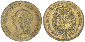 Carlo Emanuele III Secondo Periodo 1755-1773
Quarto di Doppia Nuova, Torino, 1755, AU 2.41 g.
Ref : Cud. 1055a (R6), MIR 945a (R6), Biaggi 810a, Fr. 1...