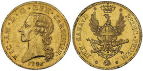 Vittorio Amedeo III 1773-1796
Carlino da 5 Doppie, Torino, 1786, AU
Avers : VIC AM D G REX SARDINIAE Revers : DVX SABAVD PRINC PEDEM Ref : Cud 1089 (R...