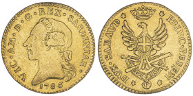 Vittorio Amedeo III 1773-1796
Doppia nuova, Torino, 1786, AU 9. g.
Ref : Cud. 1092a (R) MIR 982a, Sim. 4, Biaggi 843
Conservation : TTB-SUP