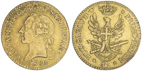 Vittorio Amedeo III 1773-1796
Doppia Nuova, Torino, 1788, AU 9 g.
Ref : Cud. 1092c (R), MIR 982c, Biaggi 843c, Fr. 1120 Conservation : TTB