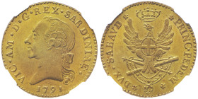 Vittorio Amedeo III 1773-1796
Doppia Nuova, Torino, 1791, AU 9.10 g.
Ref : Cud. 1092f (R), MIR 982f, Biaggi 843f, Fr. 1120
Conservation : NGC MS 62+. ...