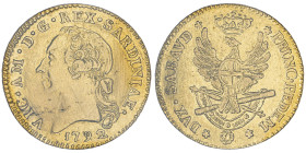 Vittorio Amedeo III 1773-1796
Doppia Nuova, Torino, 1792, AU 9.10 g.
Ref : Cud. 1092g, MIR 982g (R2), Sim. 4/7, Biaggi 843g, Fr. 1120 Conservation : t...