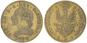 Vittorio Amedeo III 1773-1796
Doppia Nuova, Torino, 1794, AU 9.10 g.
Ref : Cud. 1092i (R8), MIR 982, Biaggi 843i, Fr. 1120 Conservation : TB/TTB