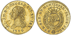 Vittorio Amedeo III 1773-1796
Mezza Doppia Vecchia, Torino, 1774, AU 4.82 g.
Ref : Cud. 1093b (R7), MIR 983b (R7), Biaggi 844, Fr. 1116 Conservation :...