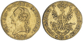 Vittorio Amedeo III 1773-1796
Mezza Doppia Nuova, Torino, 1786, AU 4.55 g.
Ref : Cud. 1094a (R), MIR 984a, Biaggi 845a, Fr.1121
Conservation : TTB