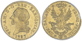 Vittorio Amedeo III 1773-1796
Mezza Doppia Nuova, Torino, 1787, AU 4.5 g.
Ref : Cud. 1094b(R), MIR 984b , Biaggi 845c, Fr. 1121 Conservation : PCGS AU...